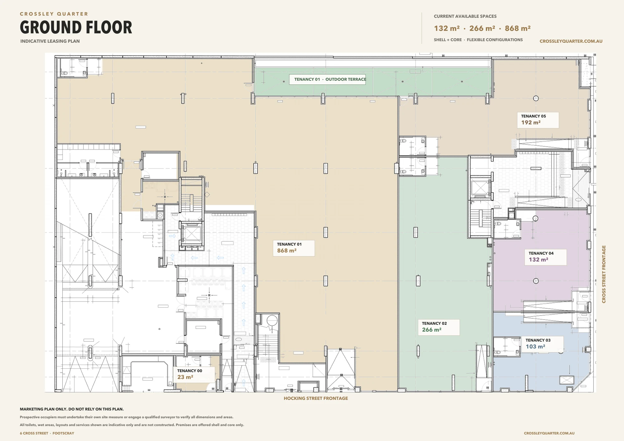 Crossley Quarter ground-floor marketing plan showing coloured tenancies and areas
